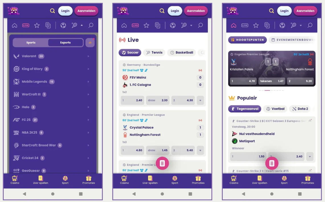 Mobiele sportsbook van Slotmonster met live voetbalweddenschappen, wedstrijdquoteringen en esports zoals Counter-Strike 2