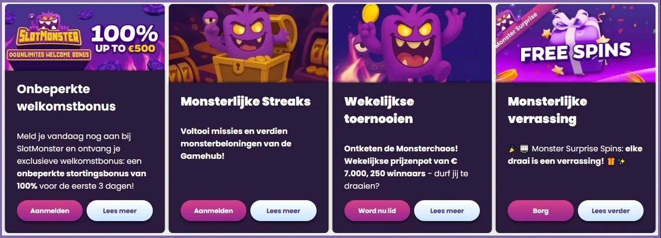 Slotmonster casinopromoties met welkomstbonus, wekelijkse toernooien, missies en gratis spins
 Копіювати alt