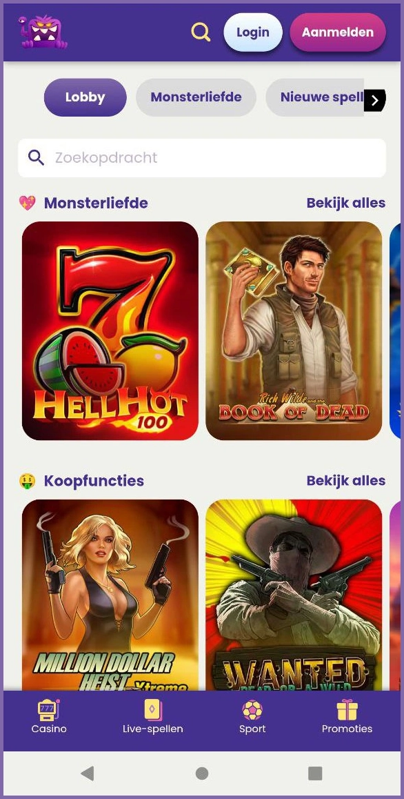 Centrale lobby van het live casino bij Slotmonster