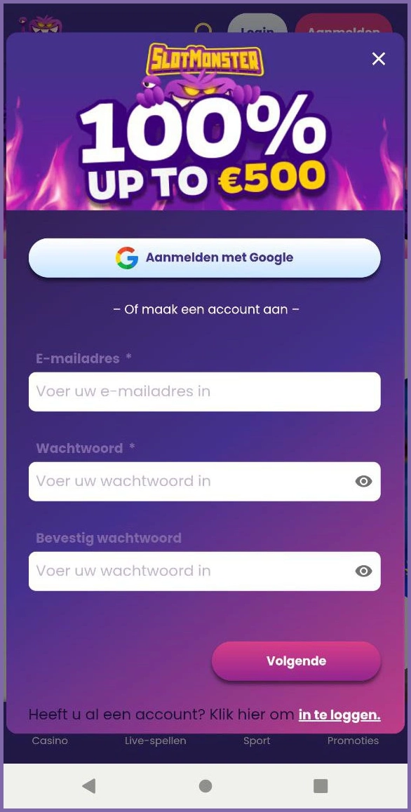 Registratie voor nieuwe spelers bij Slotmonster