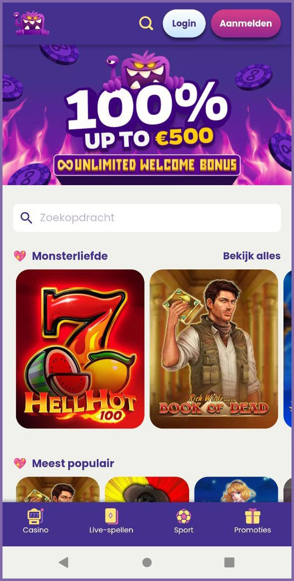 Compact overzicht van de hoofdrubrieken van Slotmonster Online casino